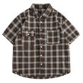 thumbnail image 1 of IWRICH Mens Flannel Shirts Short Sleeve Classic Plaid Button down Casual Shirts with Pockets Retreo Business Work T-Shirts Coffee XL, 1 of 2