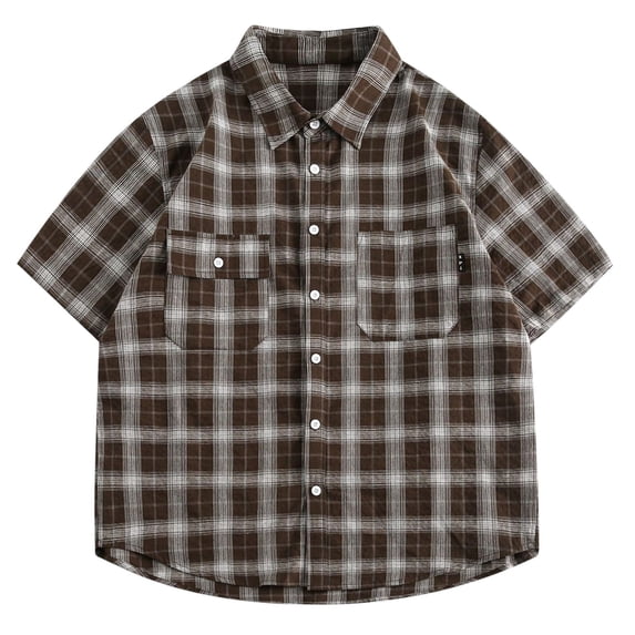 IWRICH Mens Flannel Shirts Short Sleeve Classic Plaid Button down Casual Shirts with Pockets Retreo Business Work T-Shirts Coffee XL
