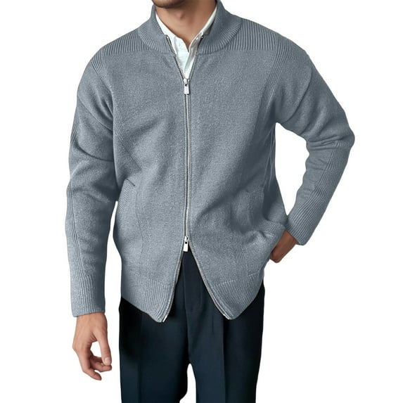 IWRICH Mens Full Zip Cardigan Sweater Stand Collar Regular Fit Knit Sweaters Grey M