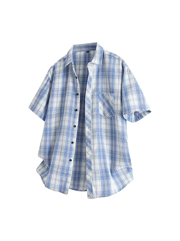 Mens Summer Plaid Dress Shirt Short Sleeve Button down Cuban T-Shirts Western Casual Checkered Button up Shirts Light Blue L