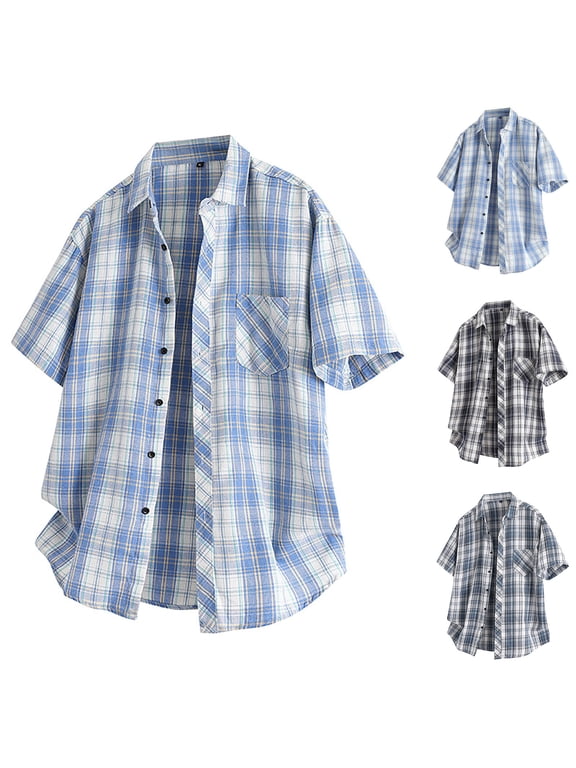 Mens Summer Plaid Dress Shirt Short Sleeve Button down Cuban T-Shirts Western Casual Checkered Button up Shirts Light Blue XL