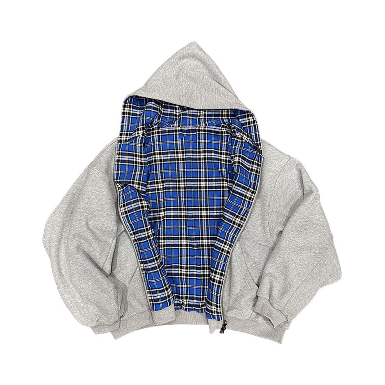 IWRICH Mens and Womens 20s Reversible Hoodies Plaid Preppy Hoodie Streetwear Vintage Zipper Hooded Sweatshirt L