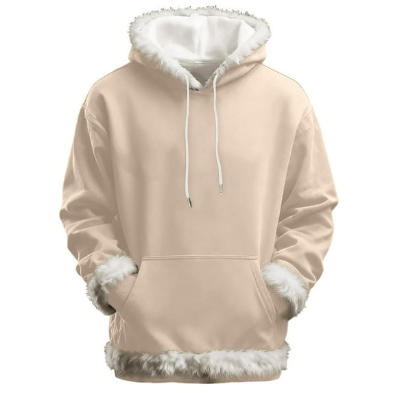 IWRICH Mens and Womens Christmas Plus Size Hooded Sweatshirt Casual Furry Collar Party Hoodies Fashion Solid Holiday Pullover Tops Beige XXXXXL