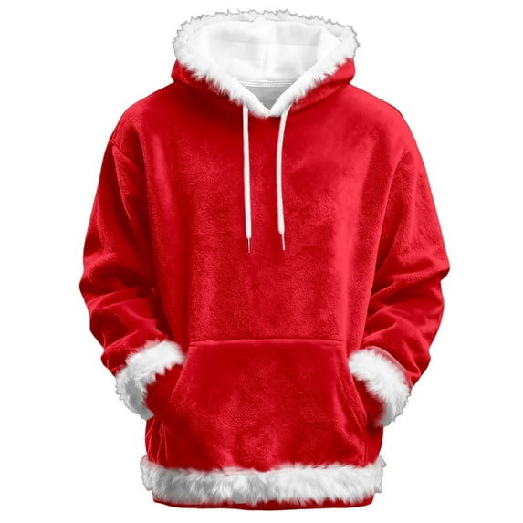 IWRICH Mens and Womens Long Sleeve Hooded Sweatshirt Casual Furry Collar Party Hoodies Fashion Plus Size Solid Holiday Pullover Tops Red M