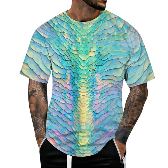 IWRICH Novelty Short Sleeve T Shirts for Men Crewneck Shirt Funny Fashion Fish Scale Tees Casual Printed Tops 02-Sky Blue XL