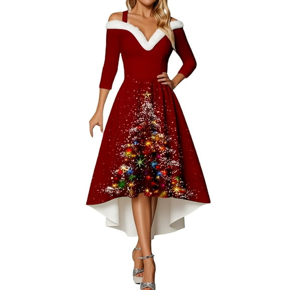 IWRICH Off Shoulder Christmas Tree Dresses for Women Warm Shaggy V Neck Dress Xmas Snowflake Graphic High Low Skirts 2025 S