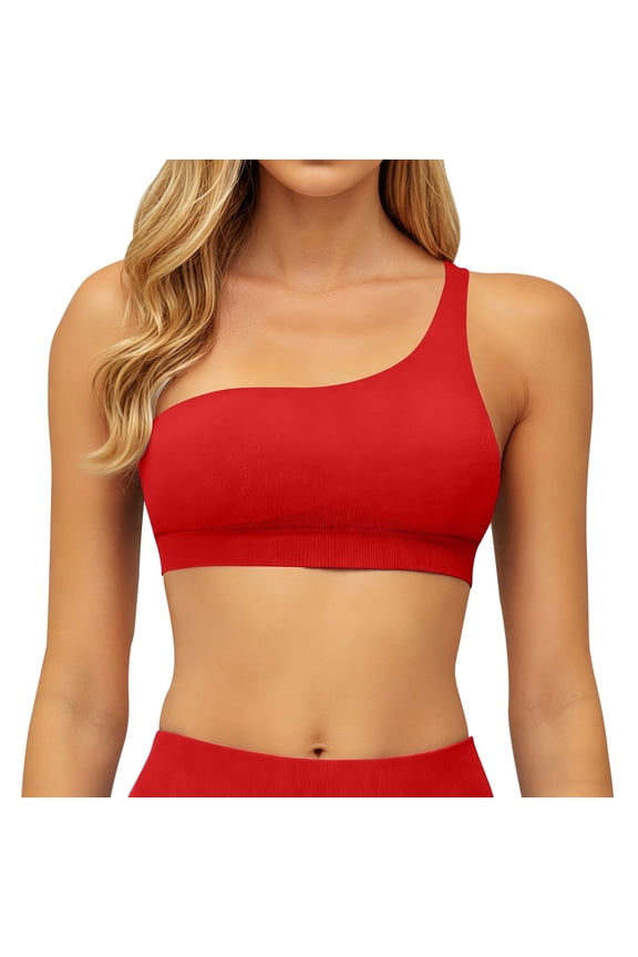 One Shoulder Sports Bras for Women Sleeveless One Strap Low Impact Asymmetrical Workout Yoga Tops Red XL