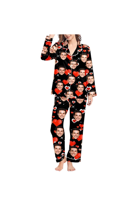 Personalized Matching Pajamas Set for Couples Women Men Custom Funny Photo Face Pjs Gifts for Birthday Valentine's Day Black XL