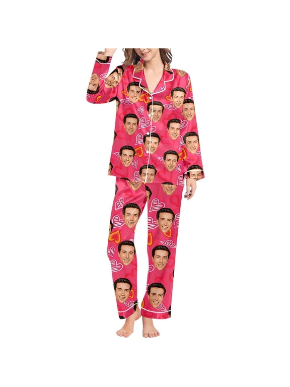 Personalized Matching Pajamas Set for Couples Women Men Custom Funny Photo Face Pjs Gifts for Birthday Valentine's Day Pink S