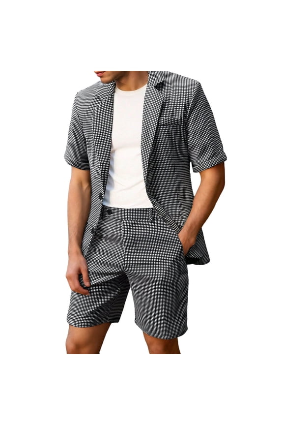 Plaid Suit 2 Piece Set for Men Short Sleeve Two Button Blazer Jacket and Flat Front Shorts Set Business Outfits Black L