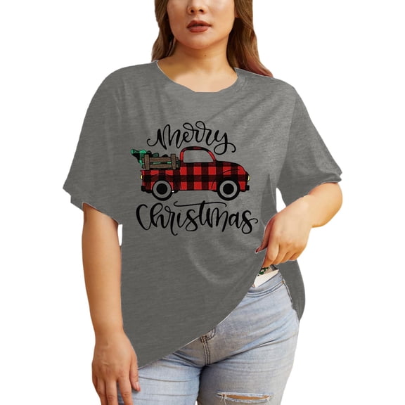 IWRICH Plus Size Christmas Tree Tshirt Womens Merry Christmas Graphic Tee Merry and Bright Short Sleeve Grey XXXXXL