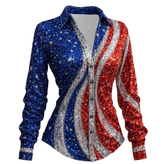 IWRICH Plus Size Patriotic Shirts for Women USA Flag 4th of July Outfits Button down Long Sleeve Tops Casual V Neck Tunic Blouses 04-Red S