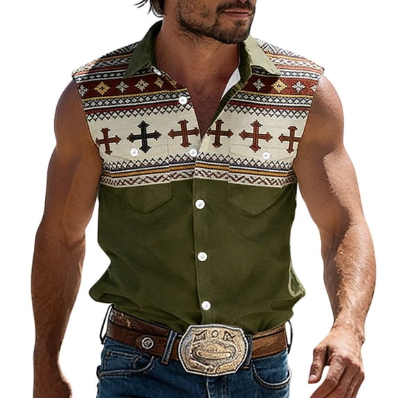 IWRICH Plus Size Tank Tops for Men Western Cowboy Collar Sleeveless Button down Shirts Stylish Vacation Tops Army Green S
