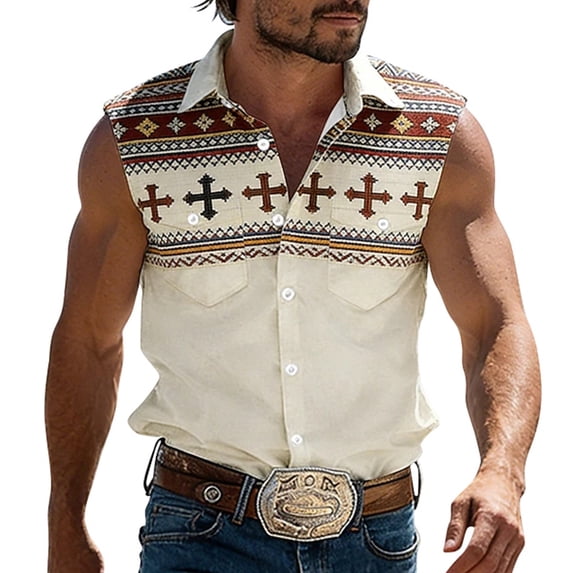 IWRICH Plus Size Tank Tops for Men Western Cowboy Collar Sleeveless Button down Shirts Stylish Vacation Tops Beige XXXL