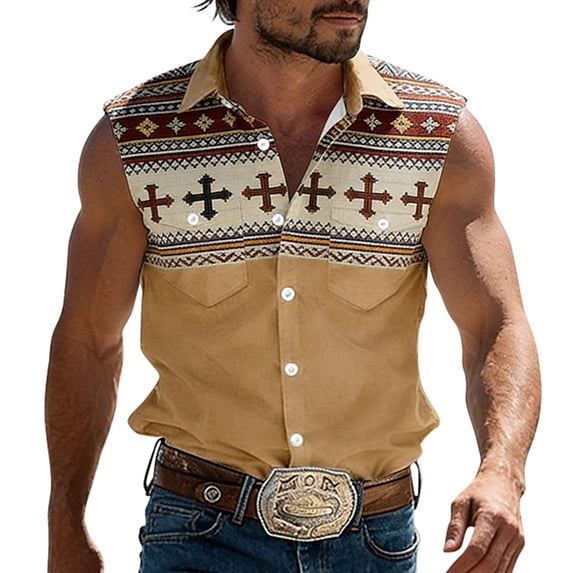 IWRICH Plus Size Tank Tops for Men Western Cowboy Collar Sleeveless Button down Shirts Stylish Vacation Tops Khaki XL