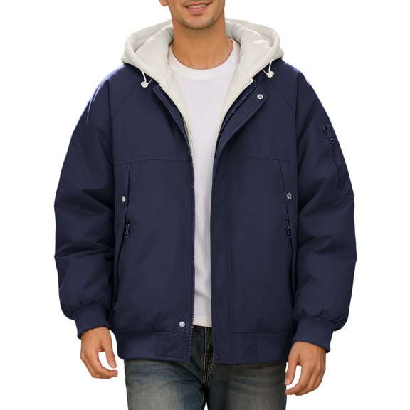 IWRICH Puffer Jacket for Men Solid Color Thick Long Sleeved Hooded Two-Piece Thick Coat Navy M