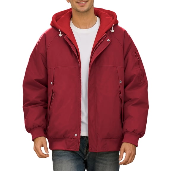 IWRICH Puffer Jacket for Men Solid Color Thick Long Sleeved Hooded Two-Piece Thick Coat Red M