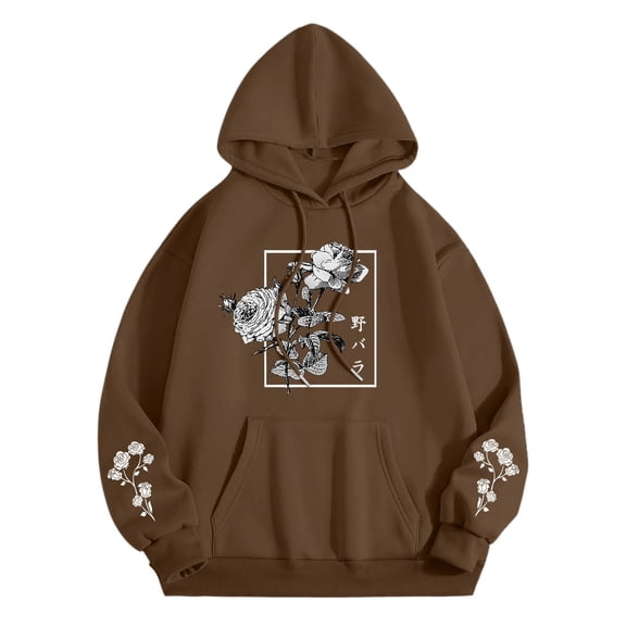 IWRICH Rose Floral Graphic Hoodie for Women Aesthetic Cool Hoodies Oversized Streetwear Pullover Sweatshirt Brown XL
