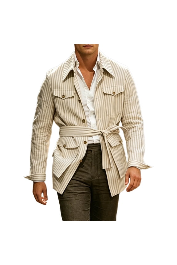 Safari Jacket for Men Belted Long Sleeve Button down Shirt Jacket Striped Midi Length Coat with Pockets Khaki XXL
