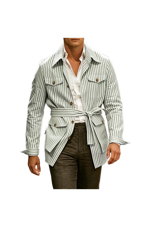 Safari Jacket for Men Belted Long Sleeve Button down Shirt Jacket Striped Midi Length Coat with Pockets Light Green XXXL