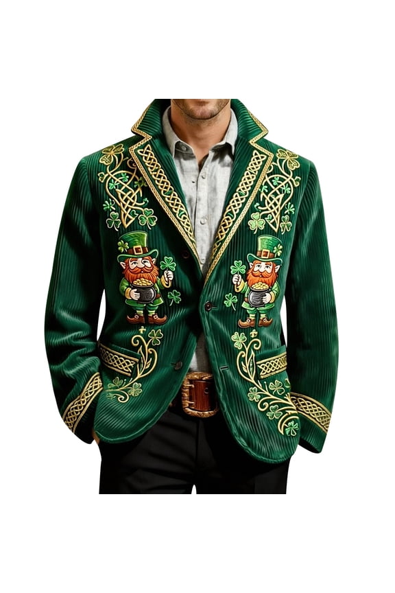 Saint Patrick’s Day Corduroy Jacket for Men Shamrock Blazer Printed Sport Coat Party Suit Jacket 01-Green 4XL