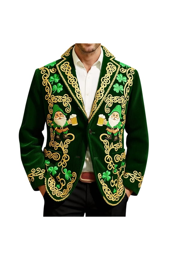 Saint Patrick’s Day Corduroy Jacket for Men Shamrock Blazer Printed Sport Coat Party Suit Jacket 02-Green XL