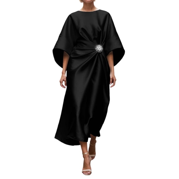 IWRICH Satin Dresses for Women 3/4 Sleeve Formal Wedding Guest Dress Beaded Mother Dress of Bride Black L