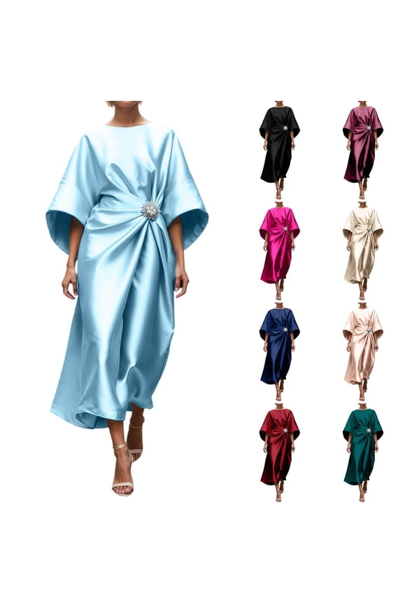Satin Dresses for Women 3/4 Sleeve Formal Wedding Guest Dress Beaded Mother Dress of Bride Red XXL