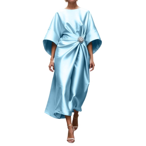 IWRICH Satin Dresses for Women 3/4 Sleeve Formal Wedding Guest Dress Beaded Mother Dress of Bride Sky Blue XS
