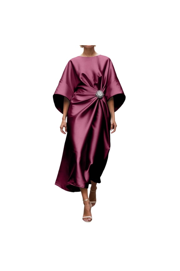 Satin Dresses for Women 3/4 Sleeve Formal Wedding Guest Dress Beaded Mother Dress of Bride M