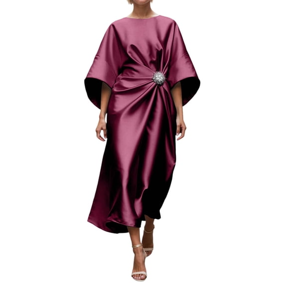 IWRICH Satin Dresses for Women 3/4 Sleeve Formal Wedding Guest Dress Beaded Mother Dress of Bride XXL