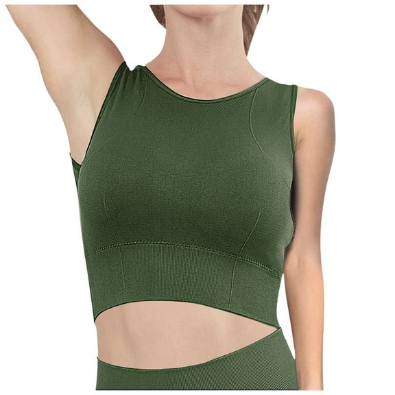 IWRICH Scoop Neck Sports Bra for Women Longline Full Coverage Sports Bras Medium Impact Padded Workout Crop Tops for Yoga Gym Army Green XL