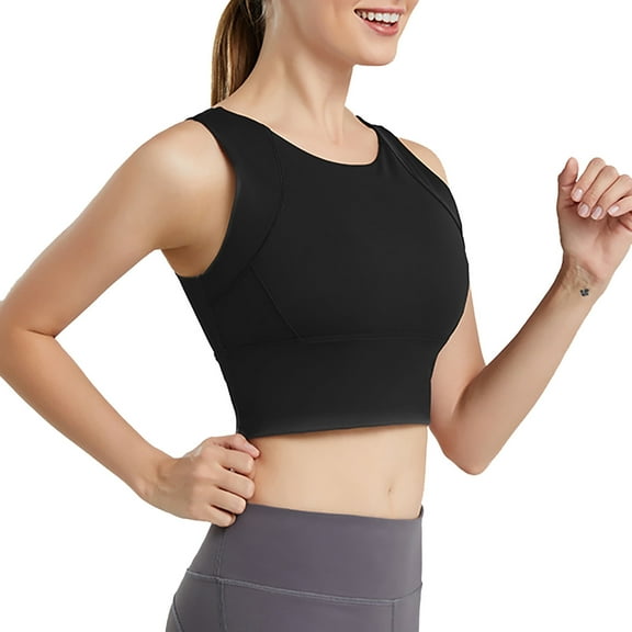 IWRICH Scoop Neck Sports Bra for Women Longline Medium Impact Workout Crop Tank Tops Wirefree Padded Yoga Bra Gym Black M