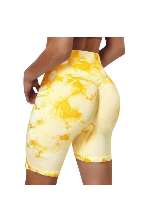 Seamless Workout Shorts for Women High Waist Gym Scrunch Tie Dye Short Booty Lifting Yoga Shorts Yellow XL