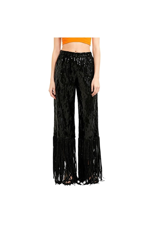 Sequin Fringe Pants for Women Latin Jazz Dance Tassel Dance Pants for Stage Party Black M