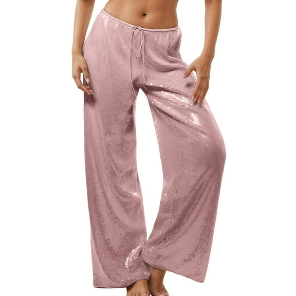 IWRICH Sequin Pants for Women Low Rise Sparkly Glitter Wide Leg Disco Pants Party Dance Bottoms Wave Outfits Pink S