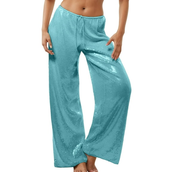 IWRICH Sequin Pants for Women Low Rise Sparkly Glitter Wide Leg Disco Pants Party Dance Bottoms Wave Outfits Sky Blue S