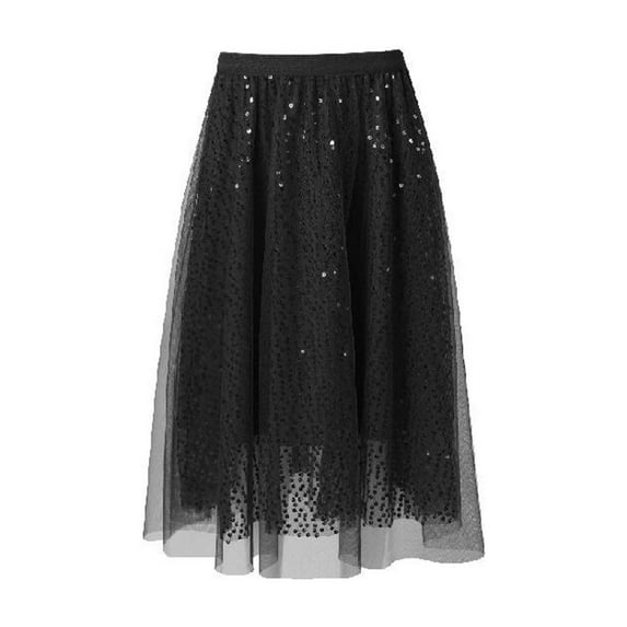 IWRICH Sequin Tutu Tulle Skirt for Women Elastic Waist Glitter Layered Pleated Swing Skirts Black L