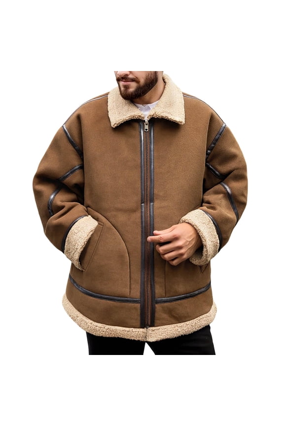 Shearling Coat for Men Suede Leather Winter Coats Flight Bomber Jacket Thermal Lined Sherpa Jackets Brown XXL