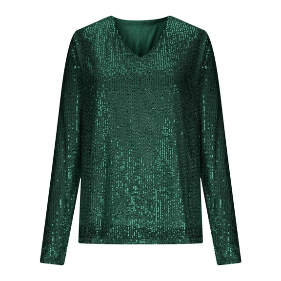 IWRICH Shirts for Women Rave Mardi Gras V Neck Long Sleeve Glitter T Shirts Fashion Comfortable Party Club Tops Green L