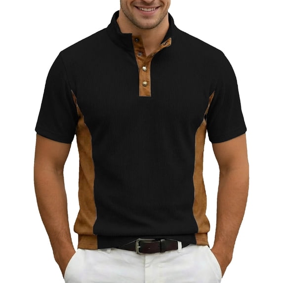 IWRICH Short Sleeve Color Block Polo Shirt for Men Corduroy Stand Collar Tees Button up Business Tops Stylish T-Shirt Black XL