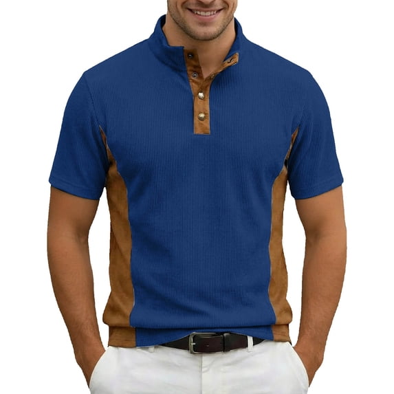 IWRICH Short Sleeve Color Block Polo Shirt for Men Corduroy Stand Collar Tees Button up Business Tops Stylish T-Shirt Blue L