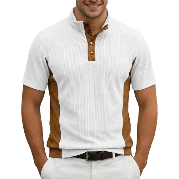 IWRICH Short Sleeve Color Block Polo Shirt for Men Corduroy Stand Collar Tees Button up Business Tops Stylish T-Shirt White XL