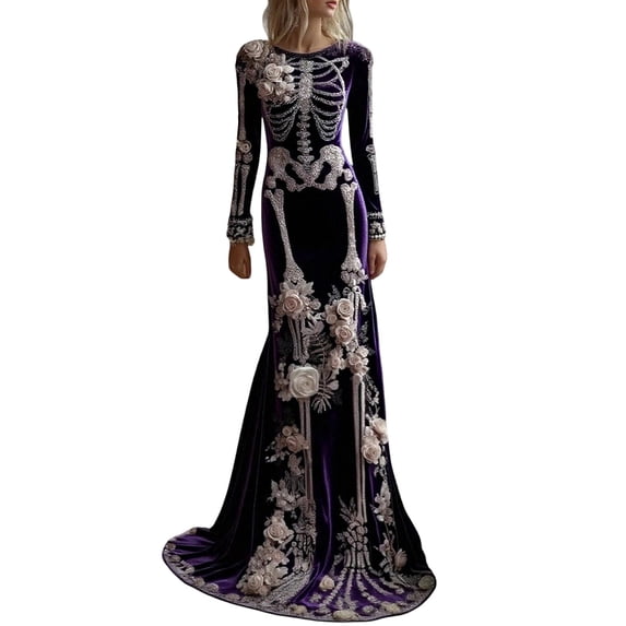 IWRICH Skeleton Halloween Dresses for Women 3D Digital Print Velvet Floral Dress Halloween Goth Parties and Events