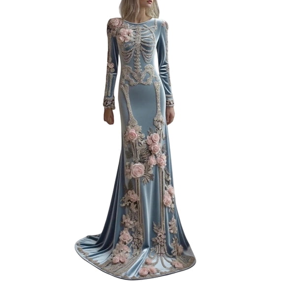 IWRICH Skeleton Halloween Dresses for Women 3D Digital Print Velvet Floral Dress Halloween Goth Parties and Events