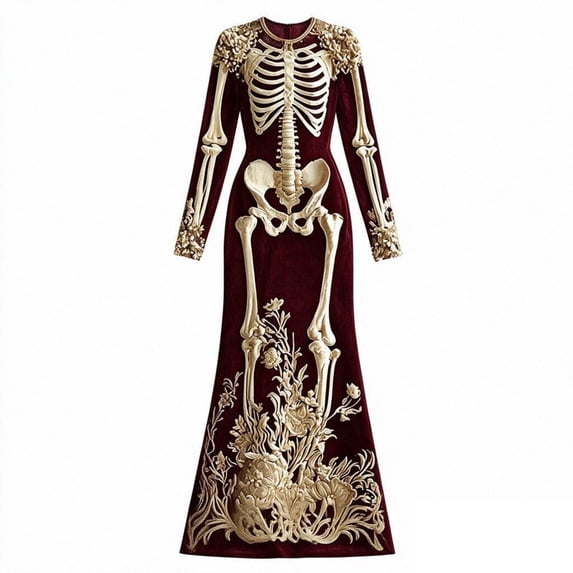 IWRICH Skeleton Halloween Dresses for Women 3D Digital Print Velvet Floral Dress Halloween Goth Parties and Events