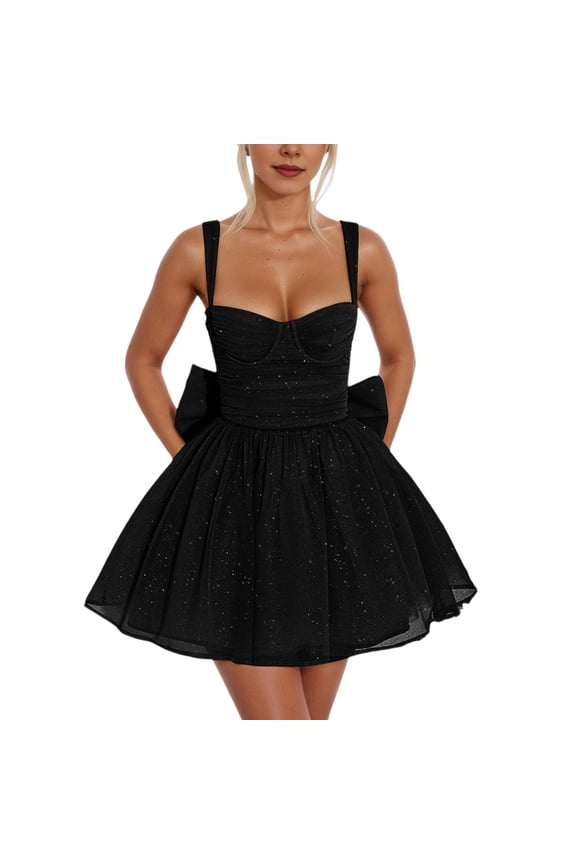 Sparkly Tulle Dresses for Women with Bow Short Prom Dresses A-Line Party Gowns Black S
