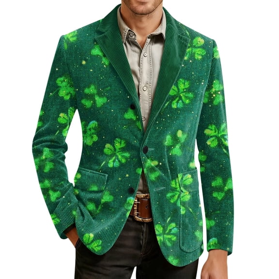 IWRICH St. Patrick's Day Corduroy Blazer Formen Shamrock Jackets 3D Splicing Printed Colorblock Button Loose Work Sport Coat with Pocket 03-Green XXL