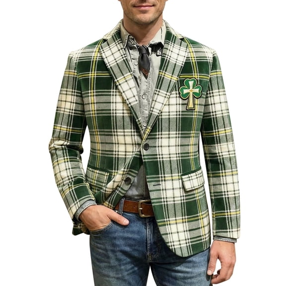IWRICH St. Patrick's Day Corduroy Blazer Formen Shamrock Jackets 3D Splicing Printed Colorblock Button Loose Work Sport Coat with Pocket 09-Green XL
