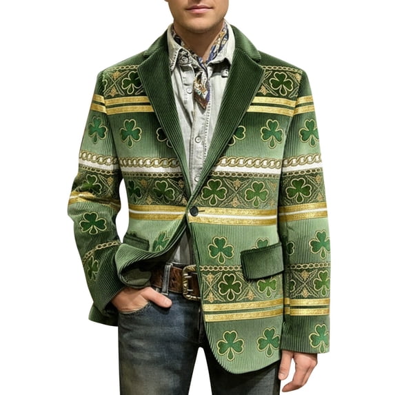 IWRICH St. Patrick's Day Corduroy Blazer Formen Shamrock Jackets 3D Splicing Printed Colorblock Button Loose Work Sport Coat with Pocket 11-Green L